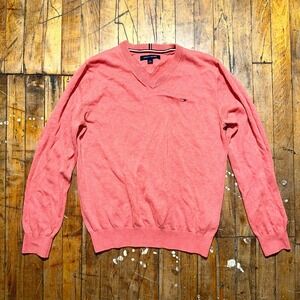 Tommy Hilfiger Sweater Men's Medium Pink Solid Knit Long Sleeve V-Neck Pullover